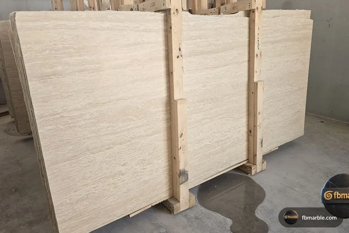 Cream Travertine slab from FB Marble Lahore, suited to cream travertine wall