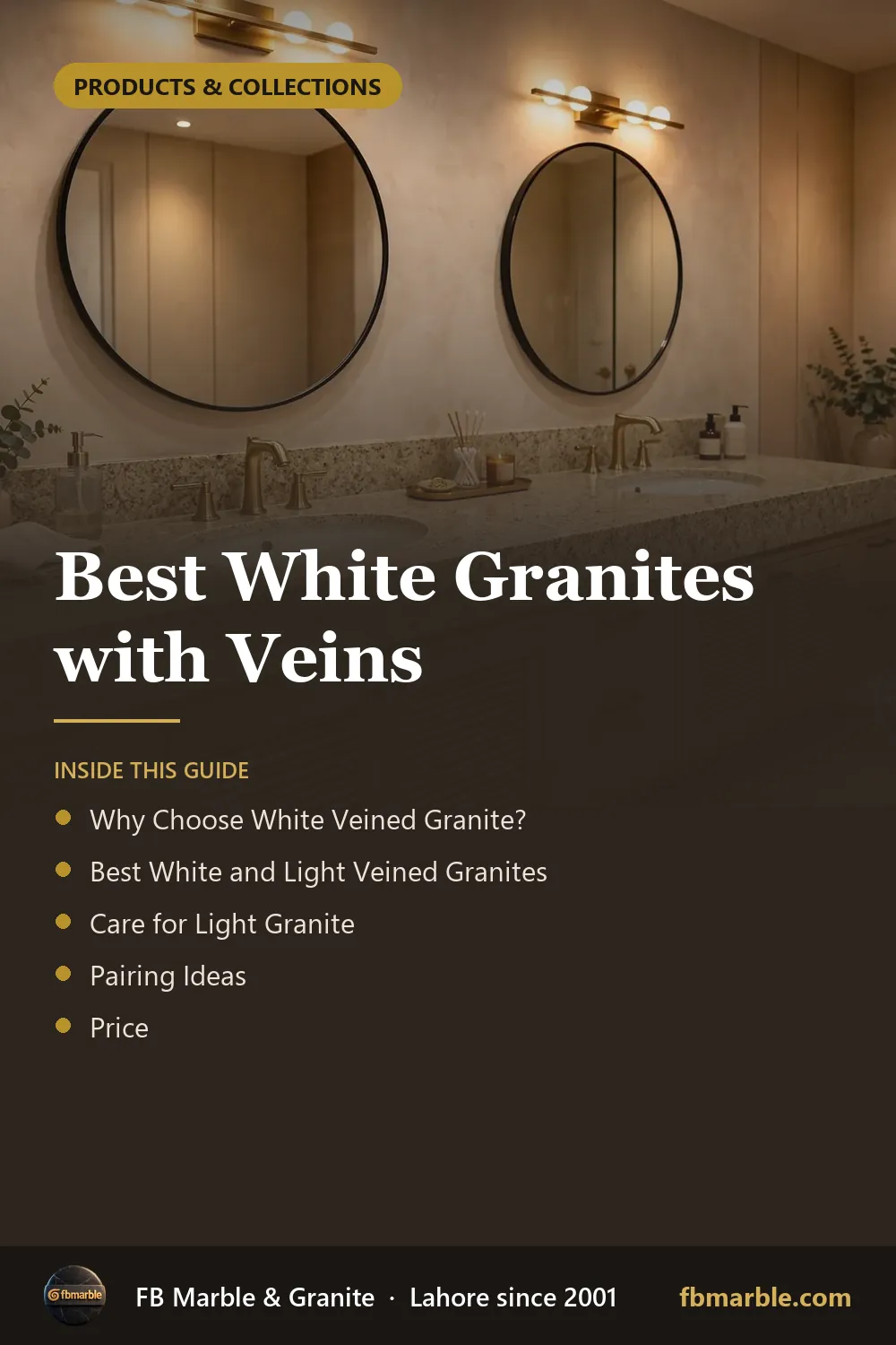 Pinterest graphic: Best White Granites with Veins – FB Marble guide