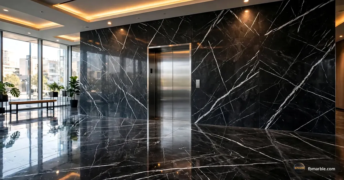 Office lobby with Mercedes Black porcelain slabs