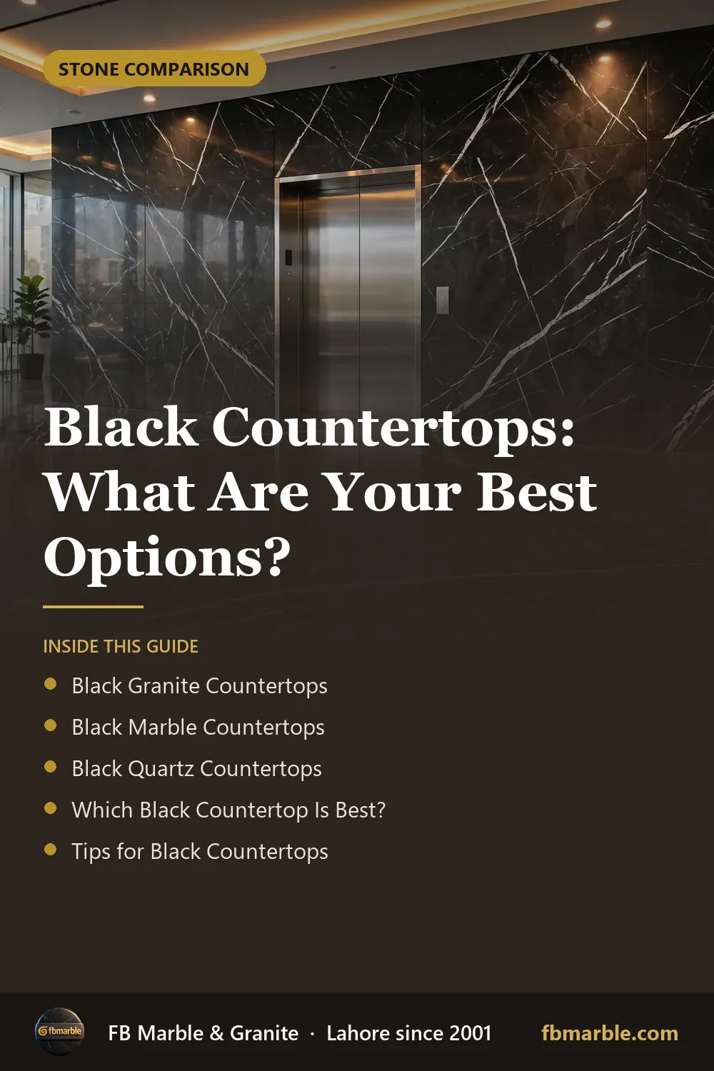 Pinterest graphic: Black Countertops: What Are Your Best Options? – FB Marble guide