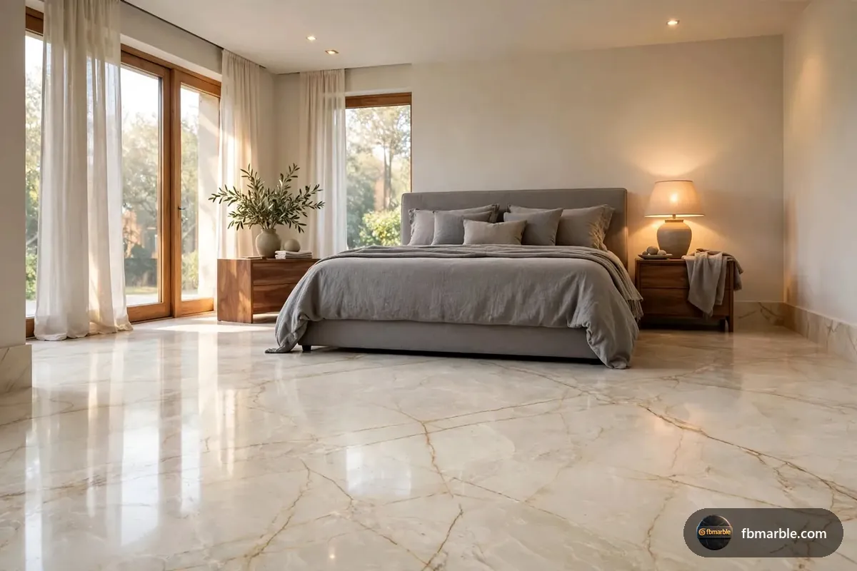 Bedroom with a Cream Marfil marble floor