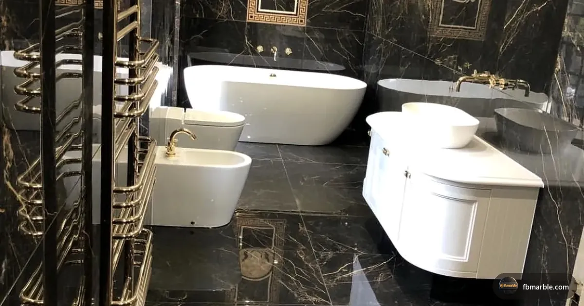 Black And Gold Marble slab from FB Marble Lahore, suited to black and gold marble vanity