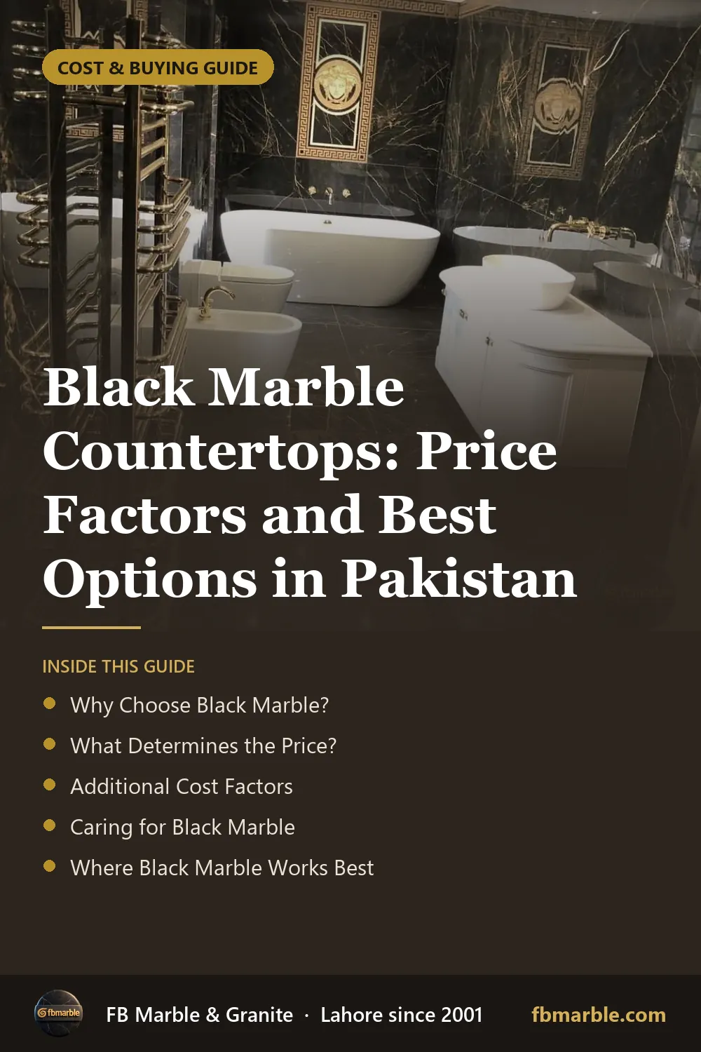 Pinterest graphic: Black Marble Countertops: Price Factors and Best Options in Pakistan – FB Marble guide