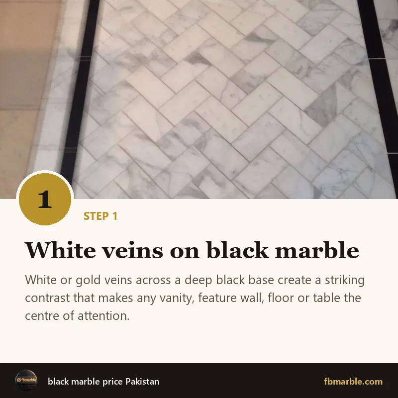 Step 1: White veins on black marble – black marble price Pakistan