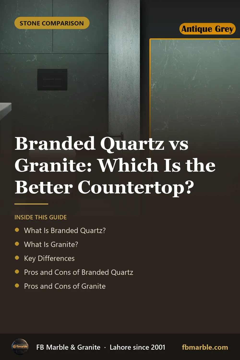 Pinterest graphic: Branded Quartz vs Granite: Which Is the Better Countertop? – FB Marble guide