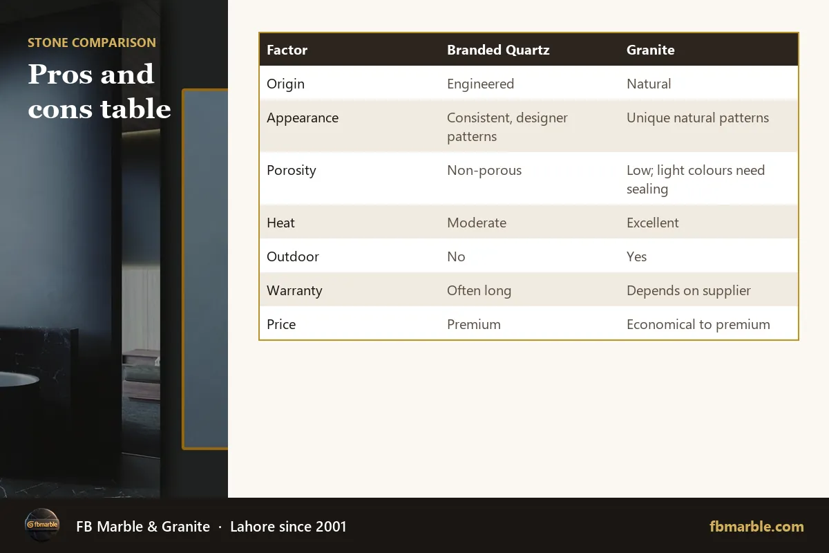 Pros and cons table – branded quartz vs granite infographic by FB Marble