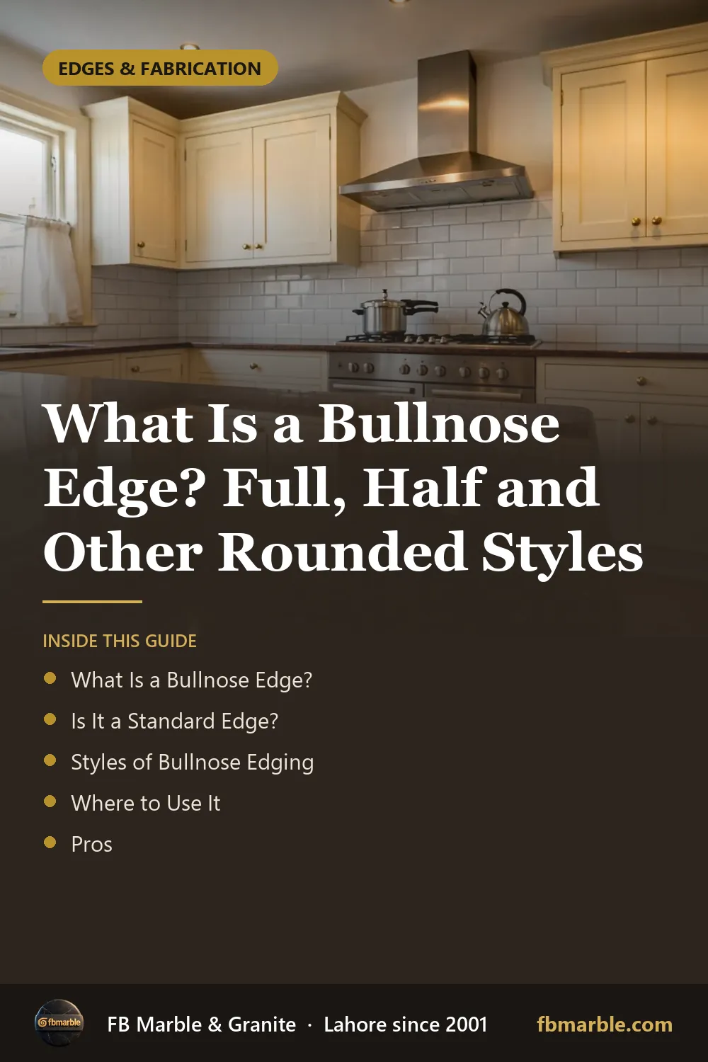 Pinterest graphic: What Is a Bullnose Edge? Full, Half and Other Rounded Styles – FB Marble guide