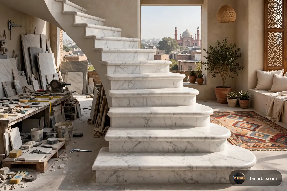 Grey Emperador Marble slab from FB Marble Lahore, suited to bullnose stair nosing in marble