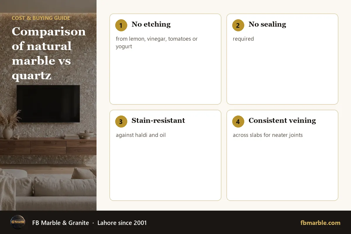 Comparison of natural marble vs quartz – Calacatta Gold price Pakistan infographic by FB Marble