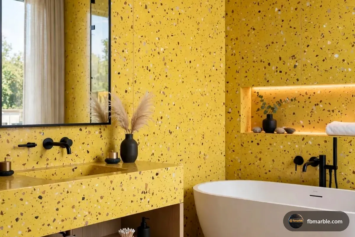 Sunrise Yellow Quartz slab from FB Marble Lahore, suited to calacatta nova vanity