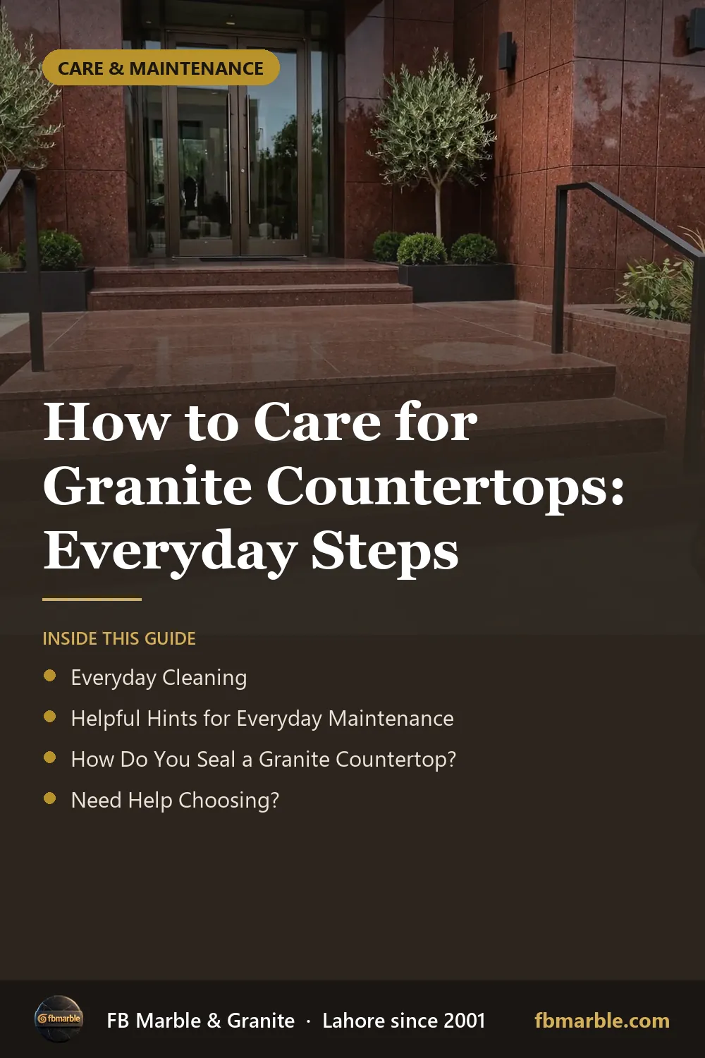 Pinterest graphic: How to Care for Granite Countertops: Everyday Steps – FB Marble guide