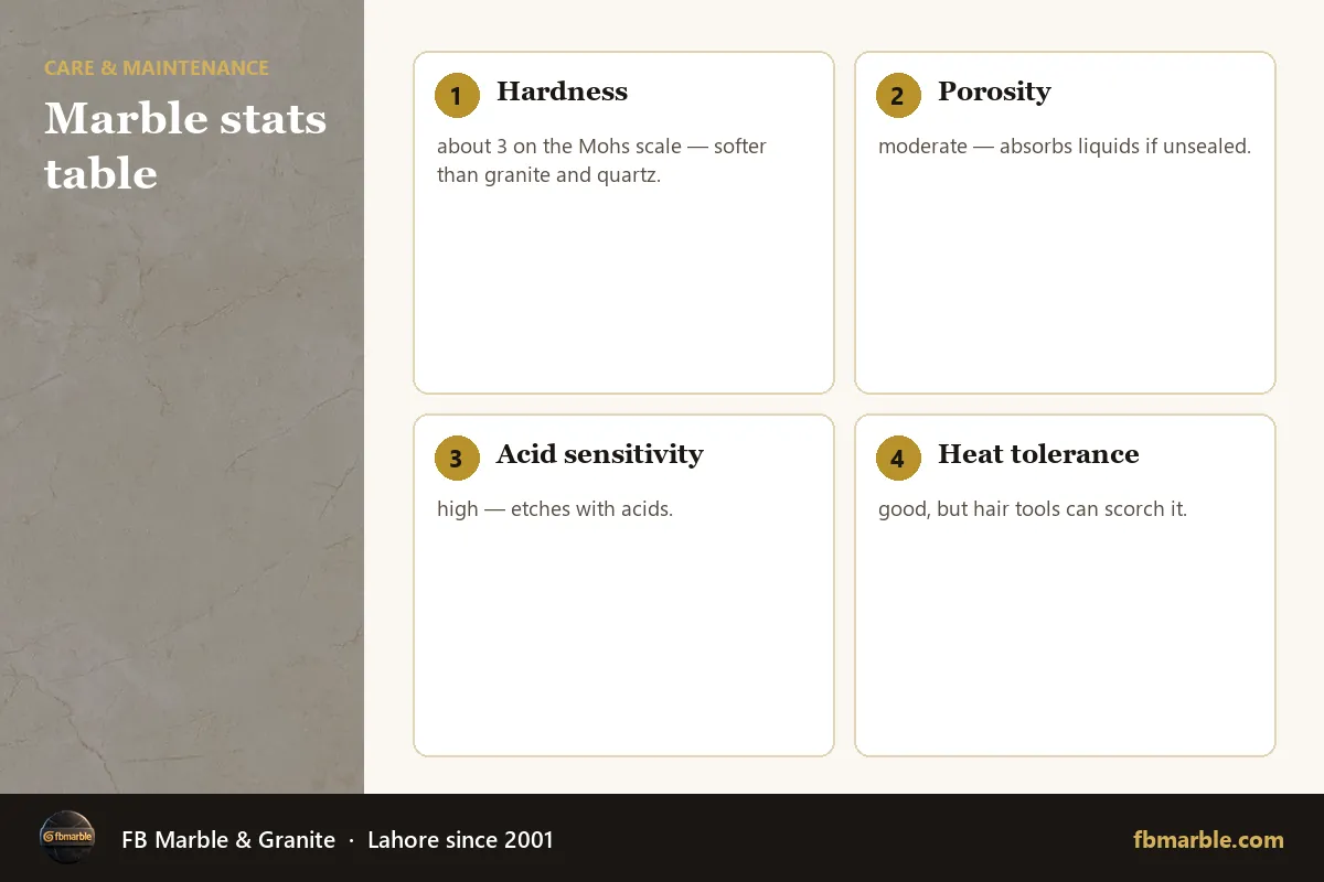Marble stats table – marble bathroom care infographic by FB Marble
