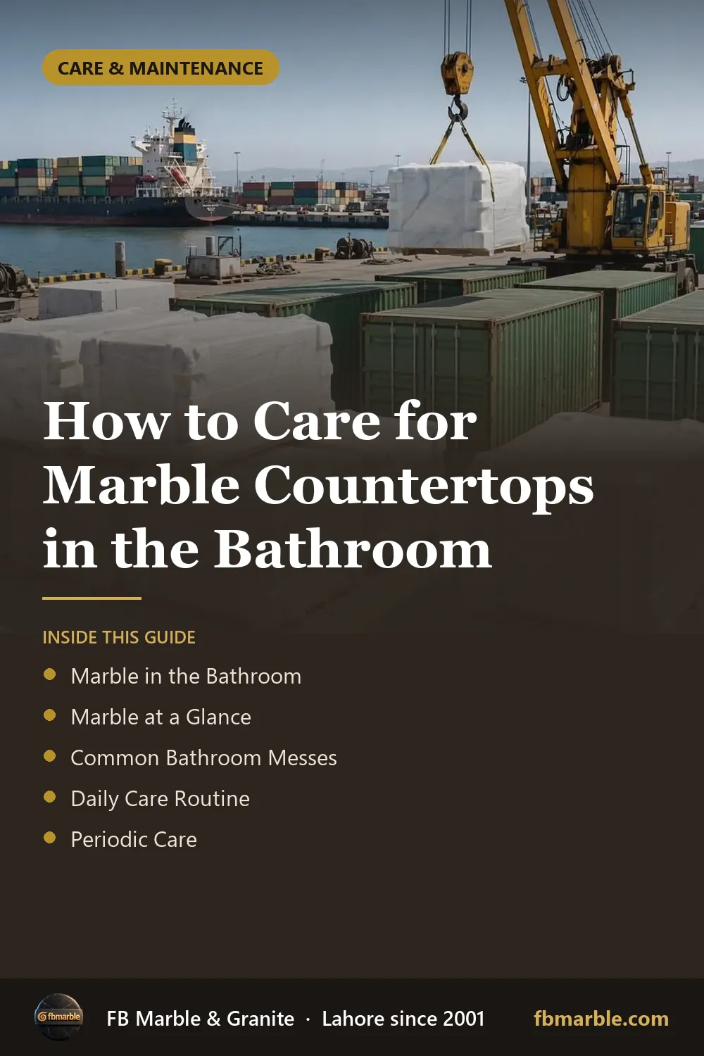 Pinterest graphic: How to Care for Marble Countertops in the Bathroom – FB Marble guide