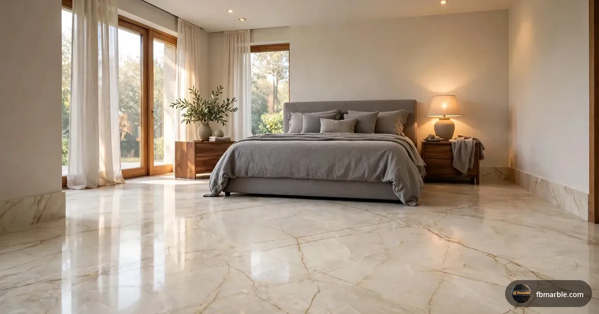 Bedroom with a Cream Marfil marble floor