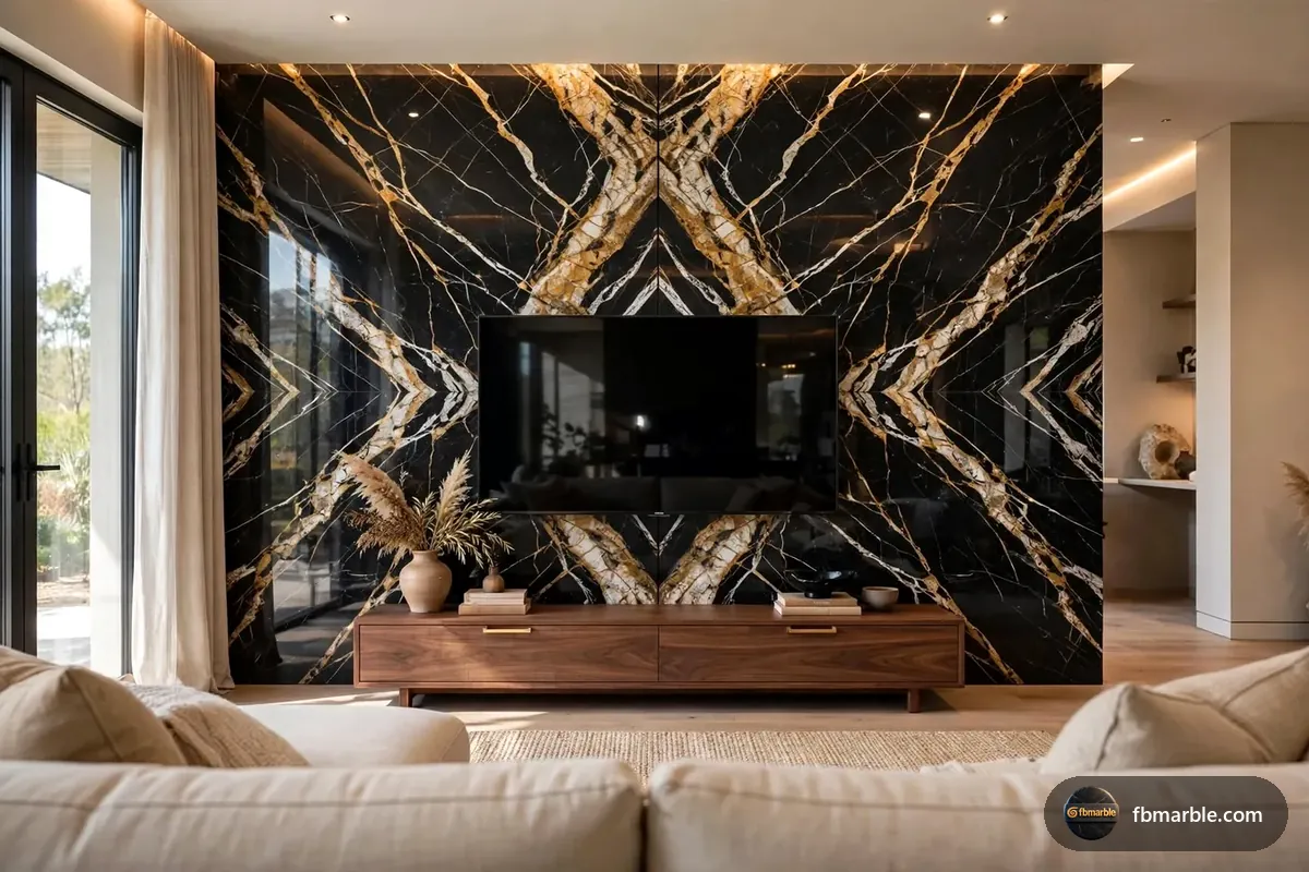 Bookmatched Black and Gold marble TV wall with a polished finish