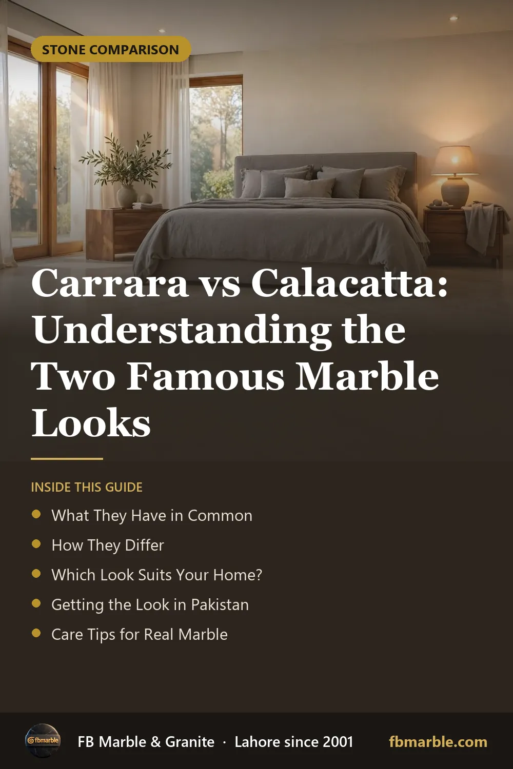 Pinterest graphic: Carrara vs Calacatta: Understanding the Two Famous Marble Looks – FB Marble guide