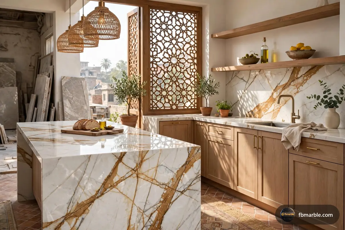Kitchen island with waterfall edge in Calacatta Gold quartz