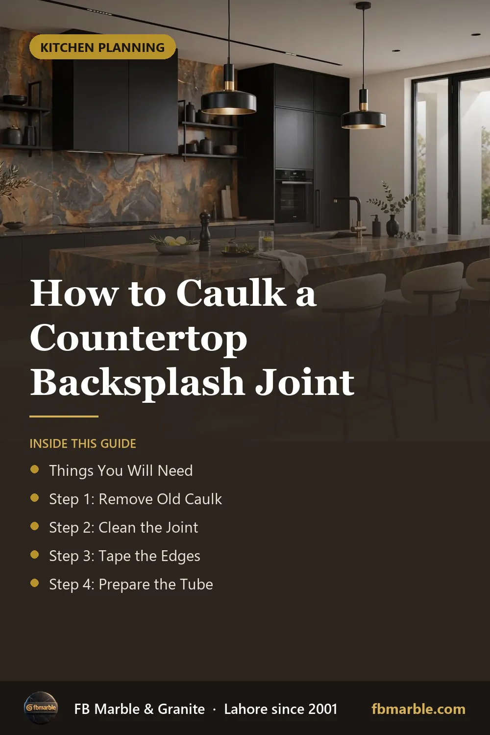 Pinterest graphic: How to Caulk a Countertop Backsplash Joint – FB Marble guide