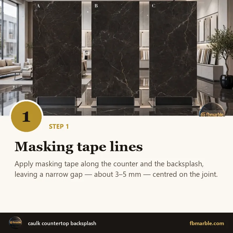 Step 1: Masking tape lines – caulk countertop backsplash