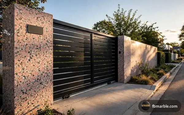 Boundary wall clad in Sadio Pink granite