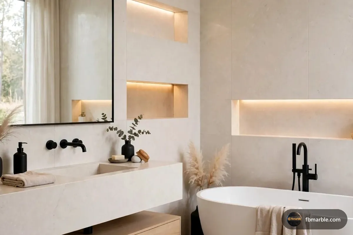 Artificial Cream Quartz slab from FB Marble Lahore, suited to modern kitchen with mitered edge