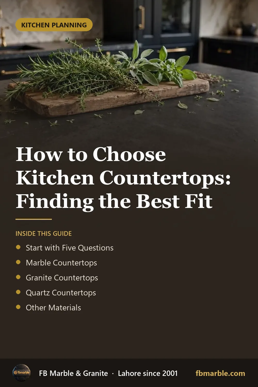 Pinterest graphic: How to Choose Kitchen Countertops: Finding the Best Fit – FB Marble guide