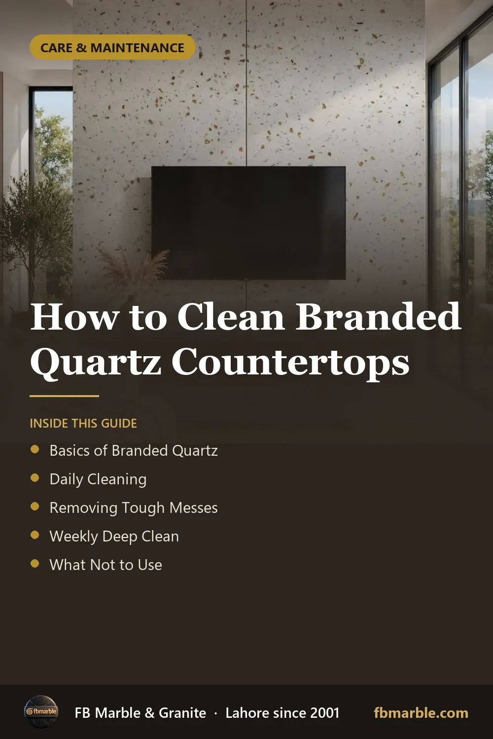 Pinterest graphic: How to Clean Branded Quartz Countertops – FB Marble guide