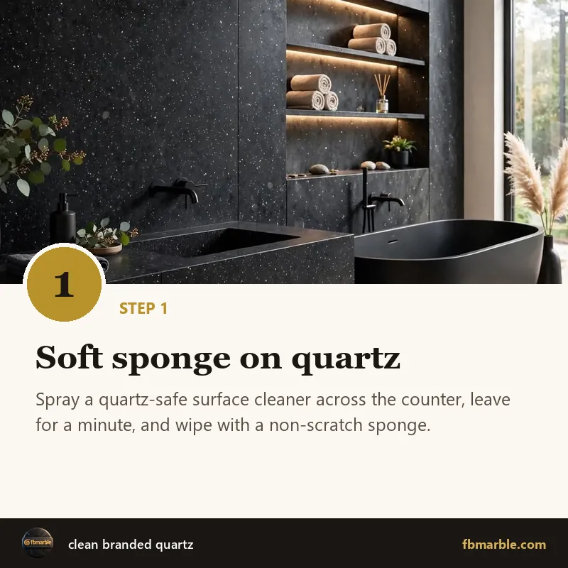 Step 1: Soft sponge on quartz – clean branded quartz