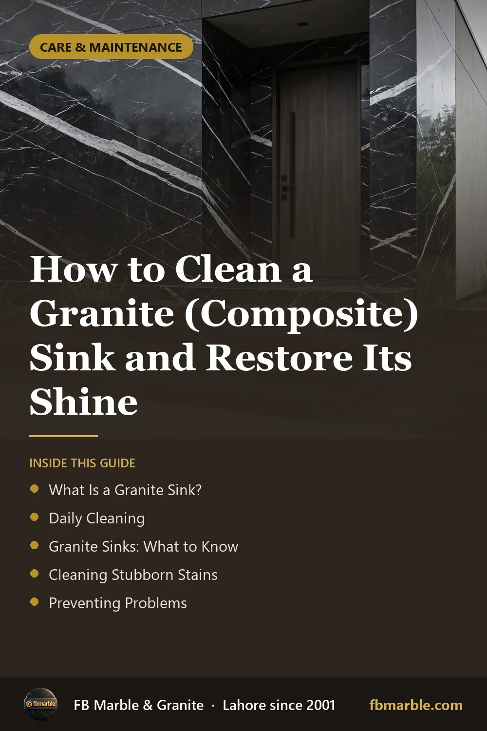 Pinterest graphic: How to Clean a Granite (Composite) Sink and Restore Its Shine – FB Marble guide