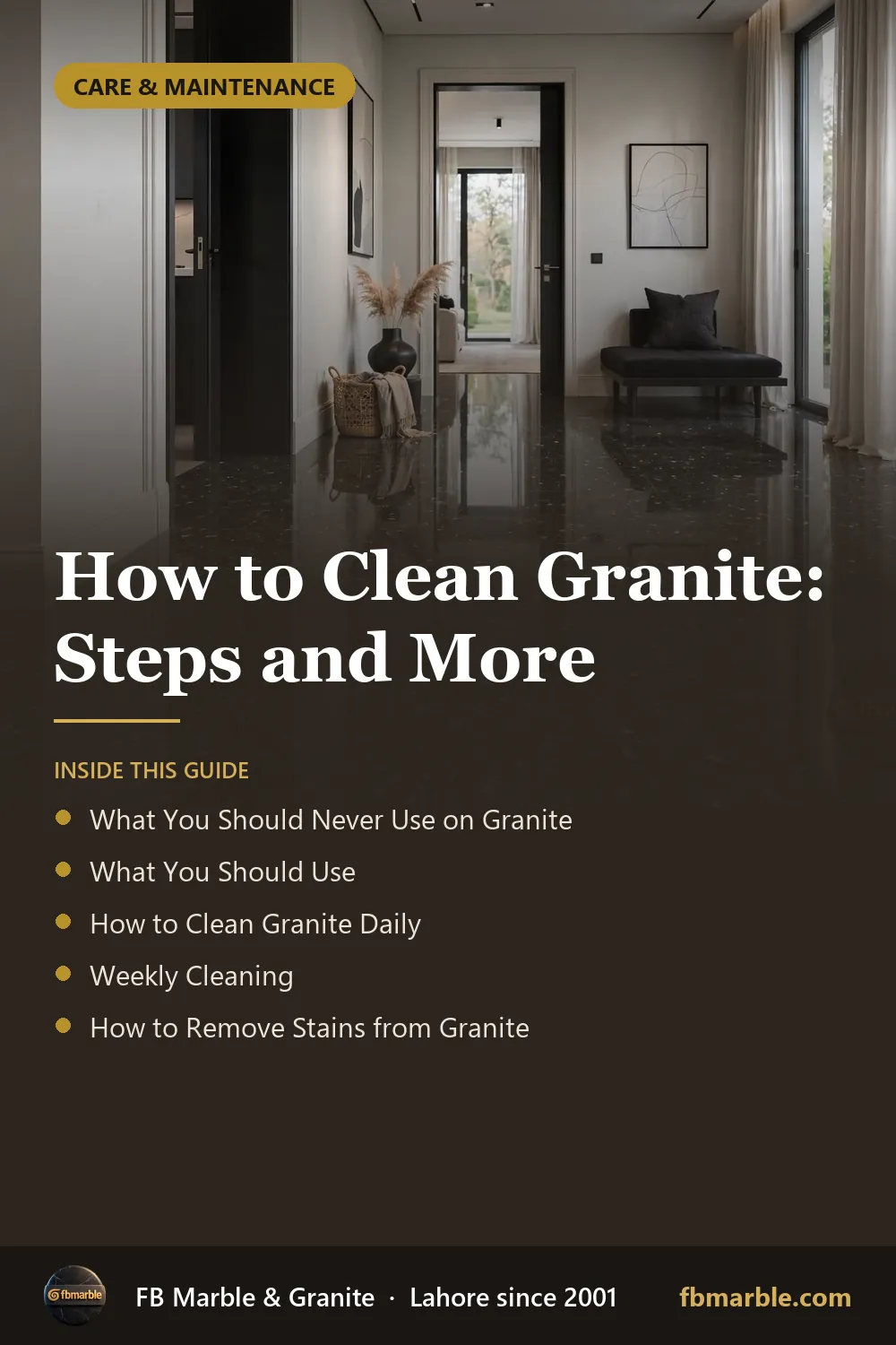 Pinterest graphic: How to Clean Granite: Steps and More – FB Marble guide