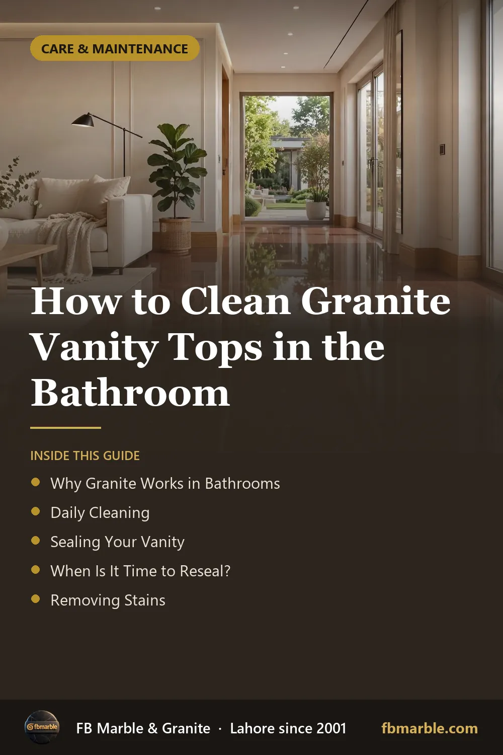 Pinterest graphic: How to Clean Granite Vanity Tops in the Bathroom – FB Marble guide