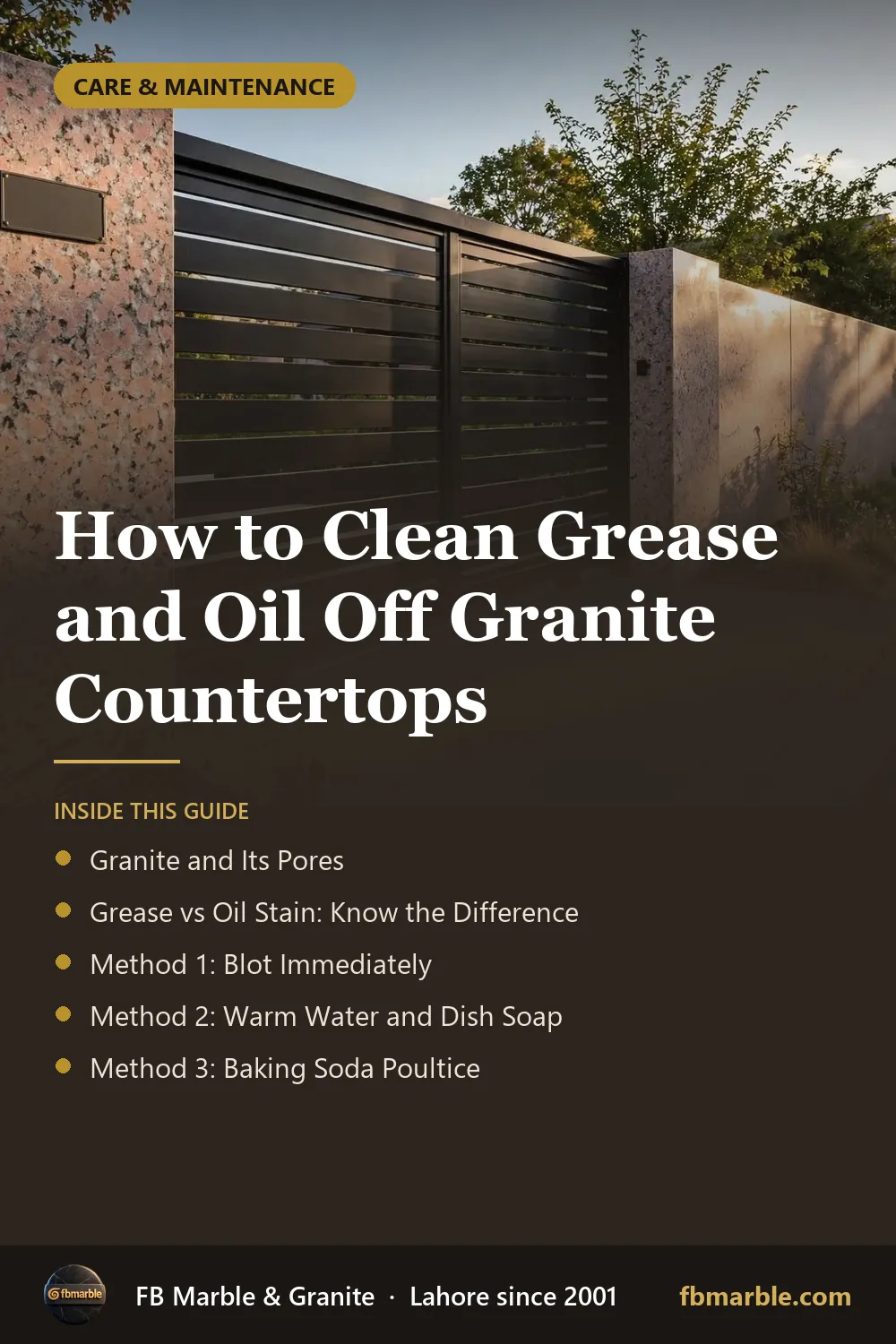 Pinterest graphic: How to Clean Grease and Oil Off Granite Countertops – FB Marble guide