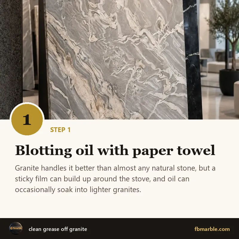 Step 1: Blotting oil with paper towel – clean grease off granite