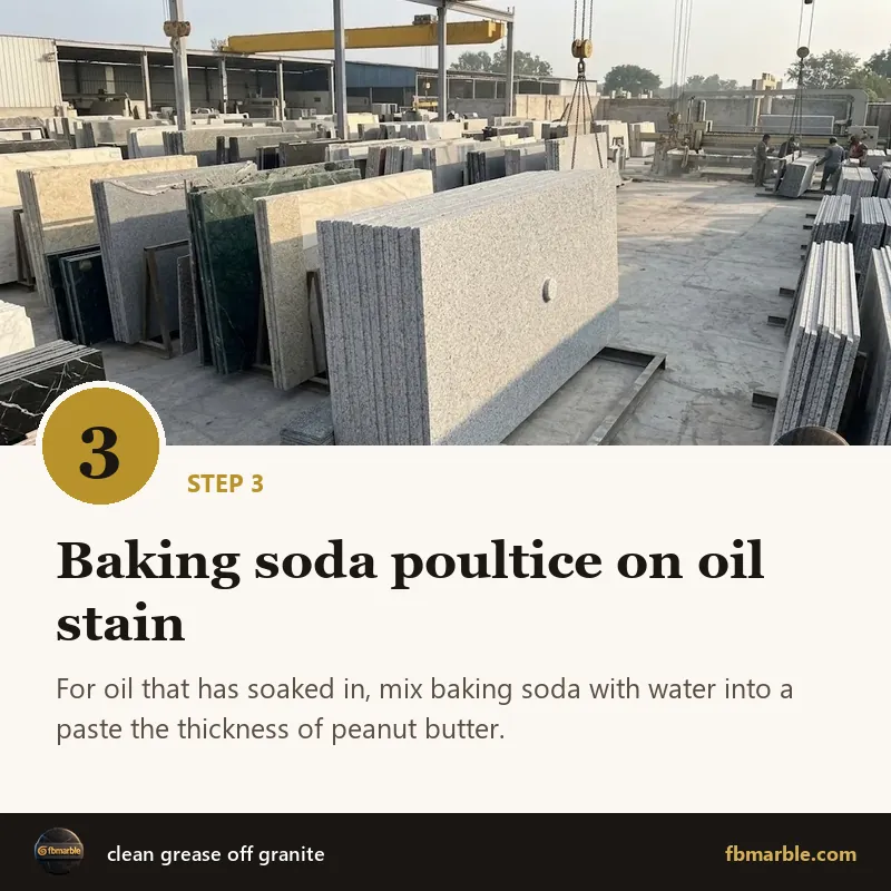 Step 3: Baking soda poultice on oil stain – clean grease off granite