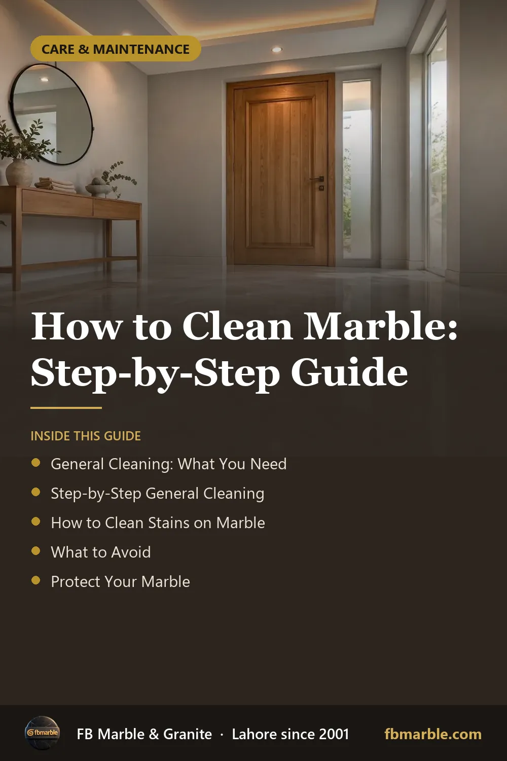 Pinterest graphic: How to Clean Marble: Step-by-Step Guide – FB Marble guide