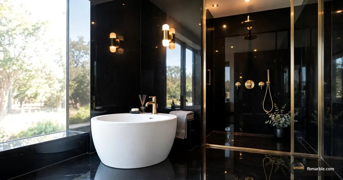 Bathroom with Silky Black marble walls