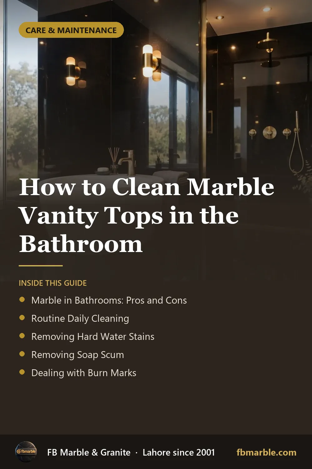 Pinterest graphic: How to Clean Marble Vanity Tops in the Bathroom – FB Marble guide