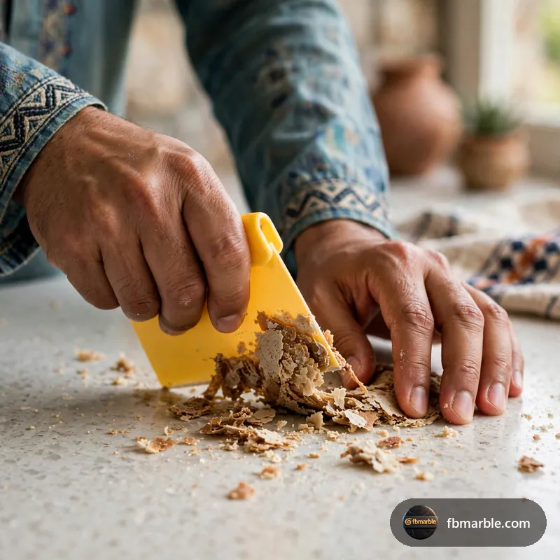 Step 1: Plastic scraper lifting dried dough – how to clean quartz countertops