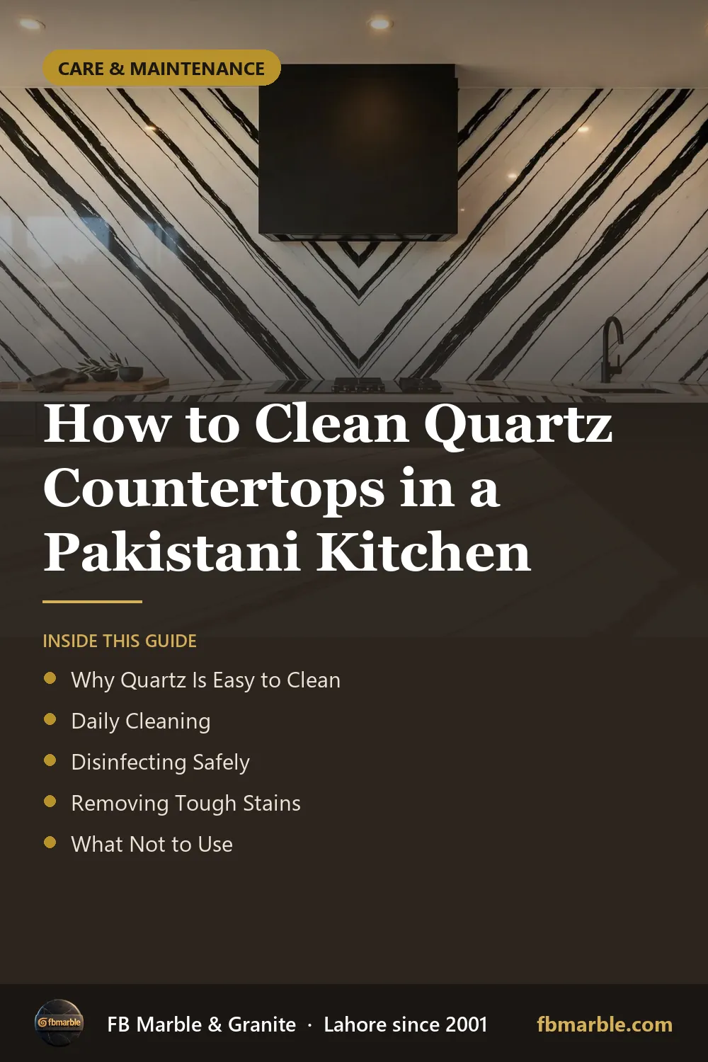 Pinterest graphic: How to Clean Quartz Countertops in a Pakistani Kitchen – FB Marble guide