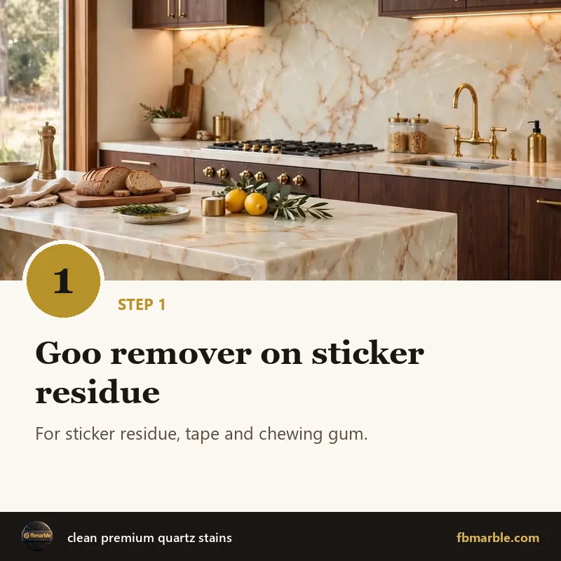 Step 1: Goo remover on sticker residue – clean premium quartz stains