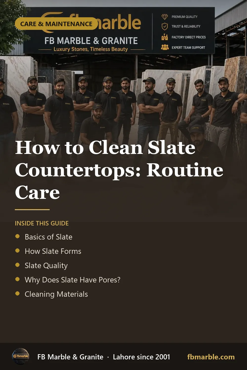 Pinterest graphic: How to Clean Slate Countertops: Routine Care – FB Marble guide