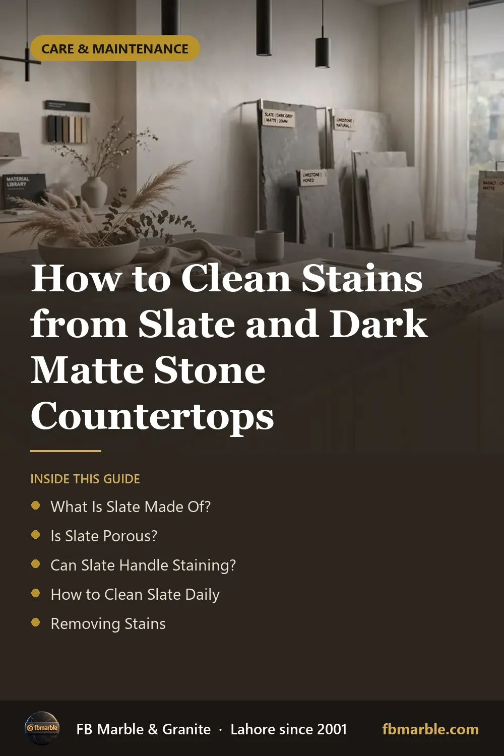 Pinterest graphic: How to Clean Stains from Slate and Dark Matte Stone Countertops – FB Marble guide