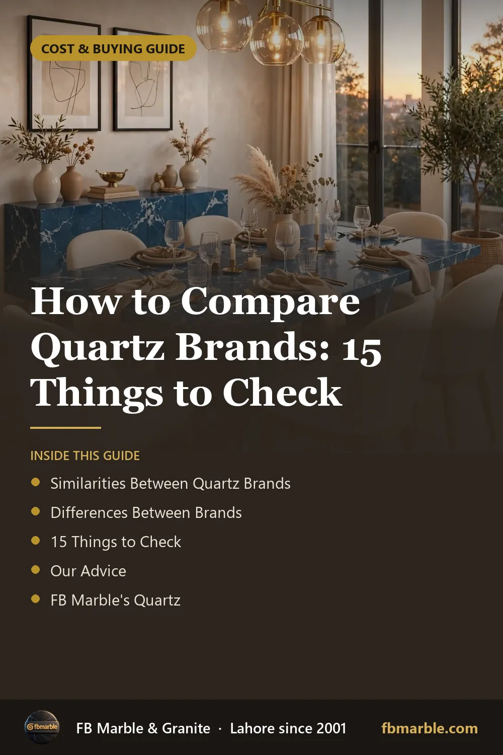Pinterest graphic: How to Compare Quartz Brands: 15 Things to Check – FB Marble guide