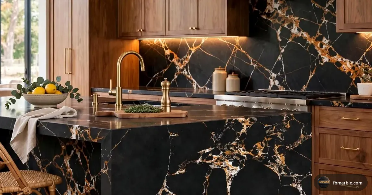 Ethnic Black Quartz slab from FB Marble Lahore, suited to black composite granite sink in quartz counter