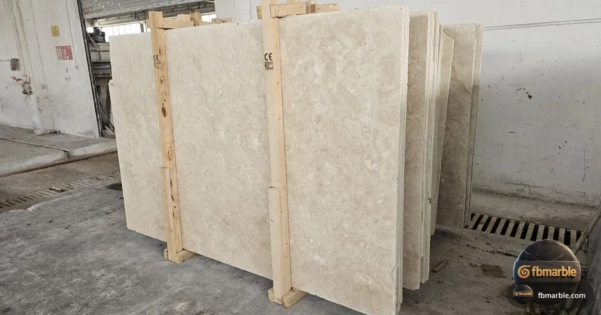 Filled Travertine slab from FB Marble Lahore, suited to quartzite kitchen island
