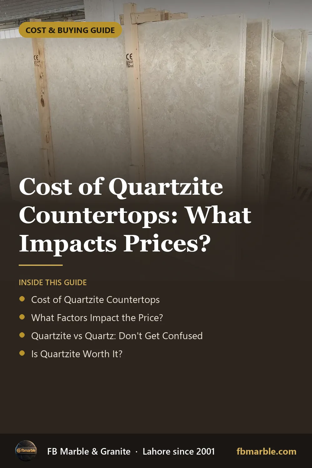 Pinterest graphic: Cost of Quartzite Countertops: What Impacts Prices? – FB Marble guide