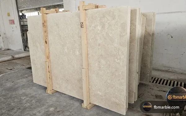 Filled Travertine slab from FB Marble Lahore, suited to quartzite kitchen island