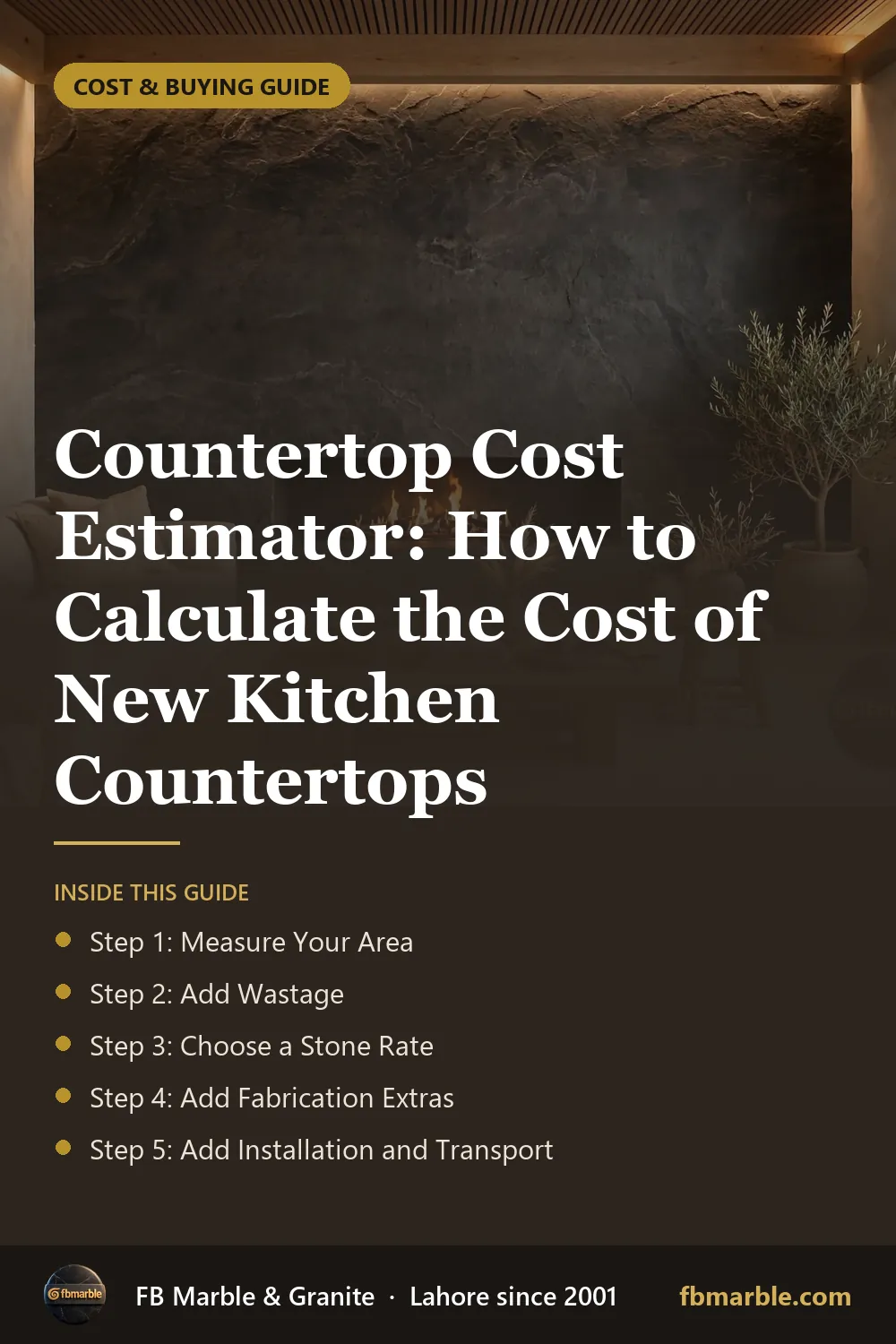 Pinterest graphic: Countertop Cost Estimator: How to Calculate the Cost of New Kitchen Countertops – FB Marble guide
