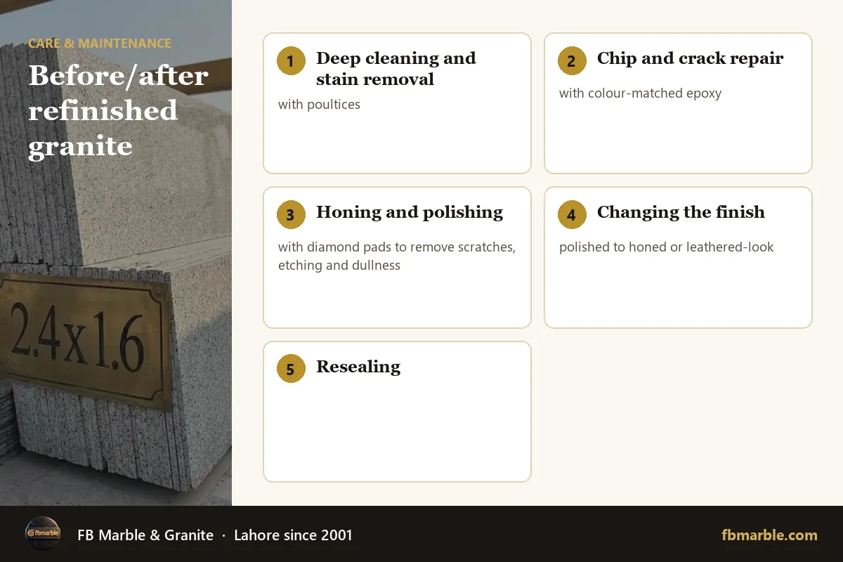 Before/after refinished granite – countertop refinishing infographic by FB Marble