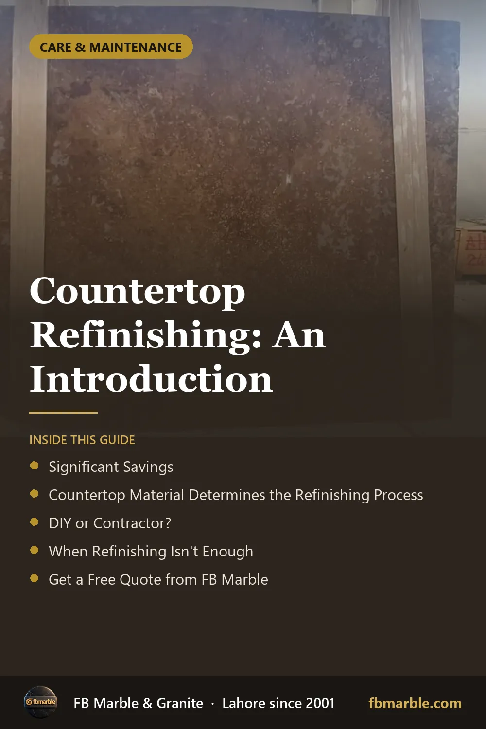 Pinterest graphic: Countertop Refinishing: An Introduction – FB Marble guide